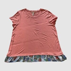 Matilda Jane Women's Top Ruffle Hem Floral Trim‎ Coral Short Sleeve Large